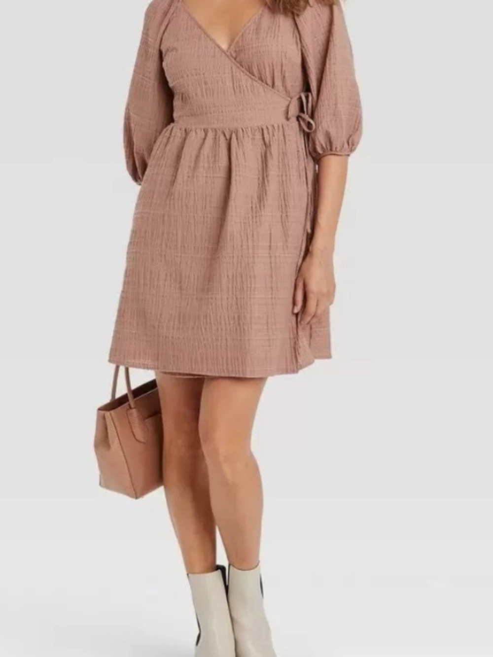 A New Day Puff-Sleeve Mini Dress in Brown.